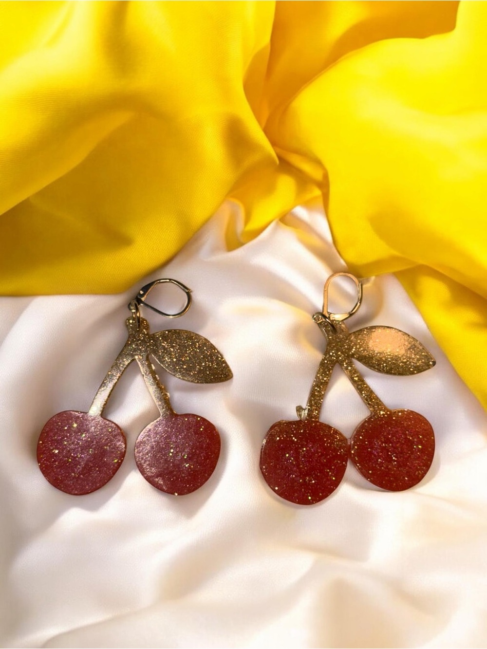 Handmade Red & Gold Glitter Cherry Resin Statement Earrings - Picture 4 of 5